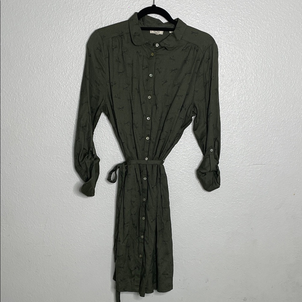 FAT FACE Olive Green Button-Up Dragonfly Printed Belted Shirt Dress Size 10